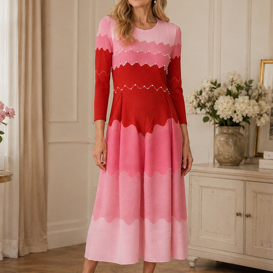 Elegant Pearl Embellished Pleated Maxi Bounce Dress