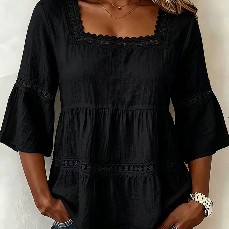Delicate Lace Details Chic Cotton-Linen Top