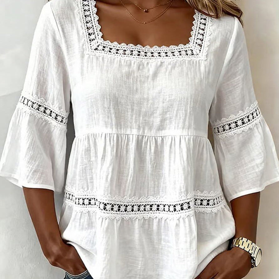 Delicate Lace Details Chic Cotton-Linen Top