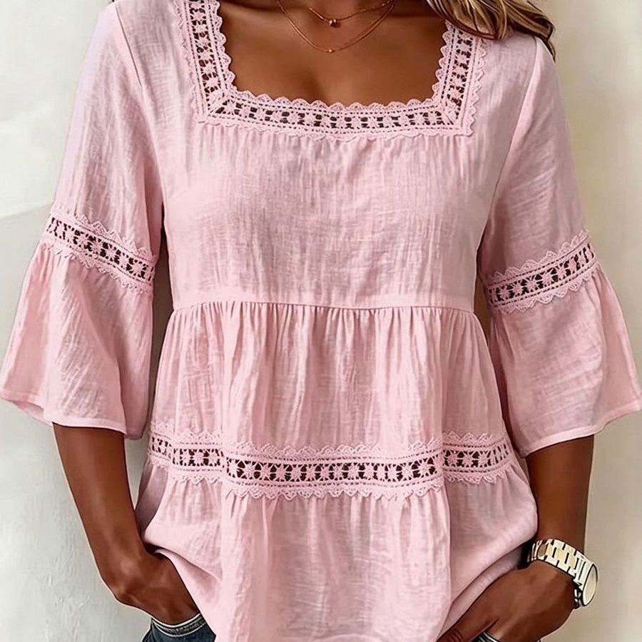 Delicate Lace Details Chic Cotton-Linen Top