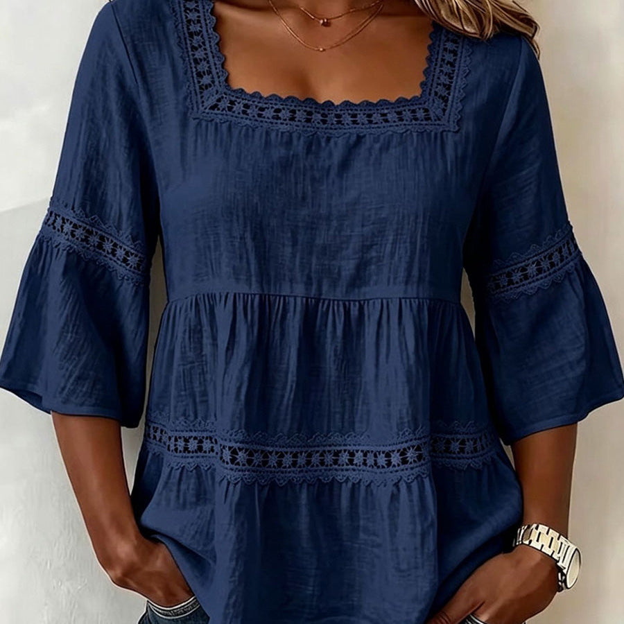 Delicate Lace Details Chic Cotton-Linen Top