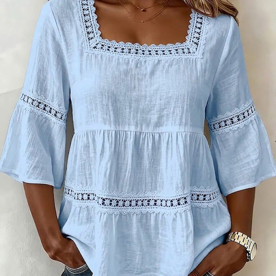Delicate Lace Details Chic Cotton-Linen Top