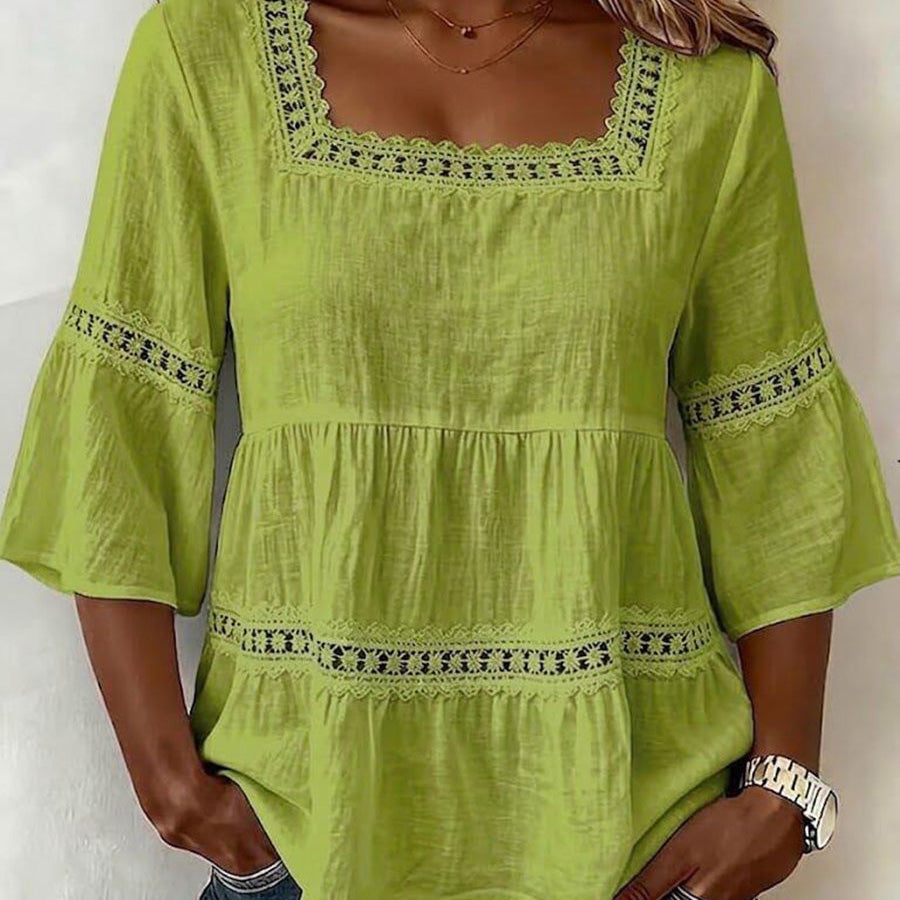 Delicate Lace Details Chic Cotton-Linen Top