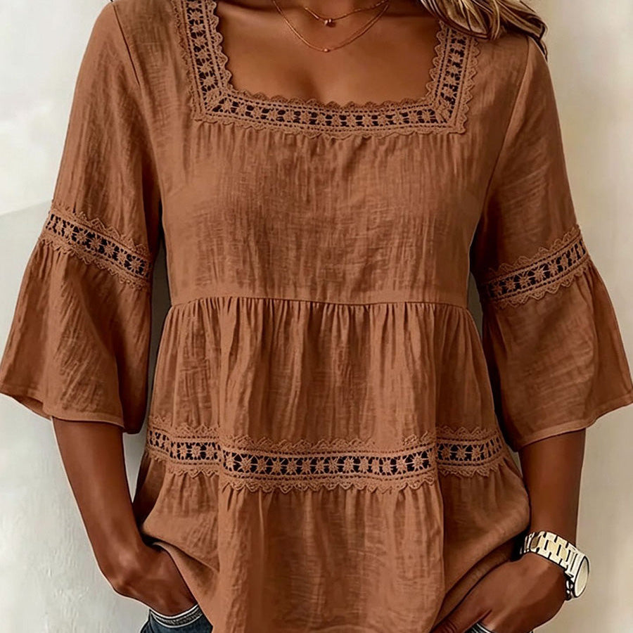 Delicate Lace Details Chic Cotton-Linen Top