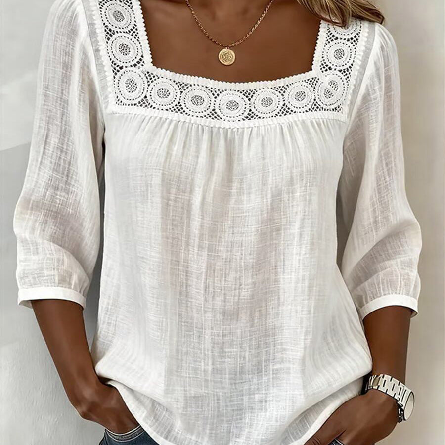 Elegant Square-Neck Cotton-Linen Lace Top