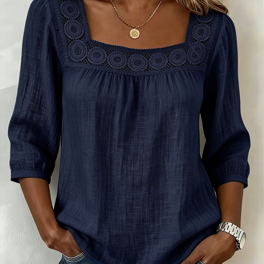 Elegant Square-Neck Cotton-Linen Lace Top