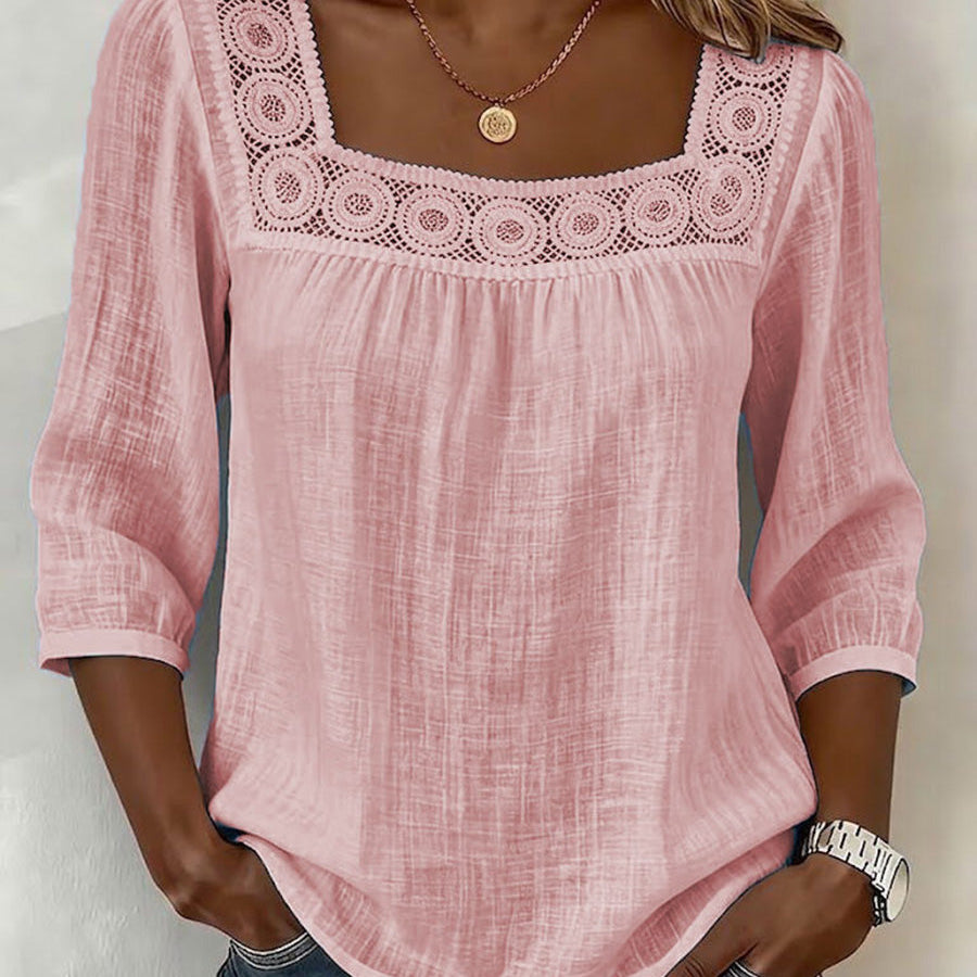 Elegant Square-Neck Cotton-Linen Lace Top