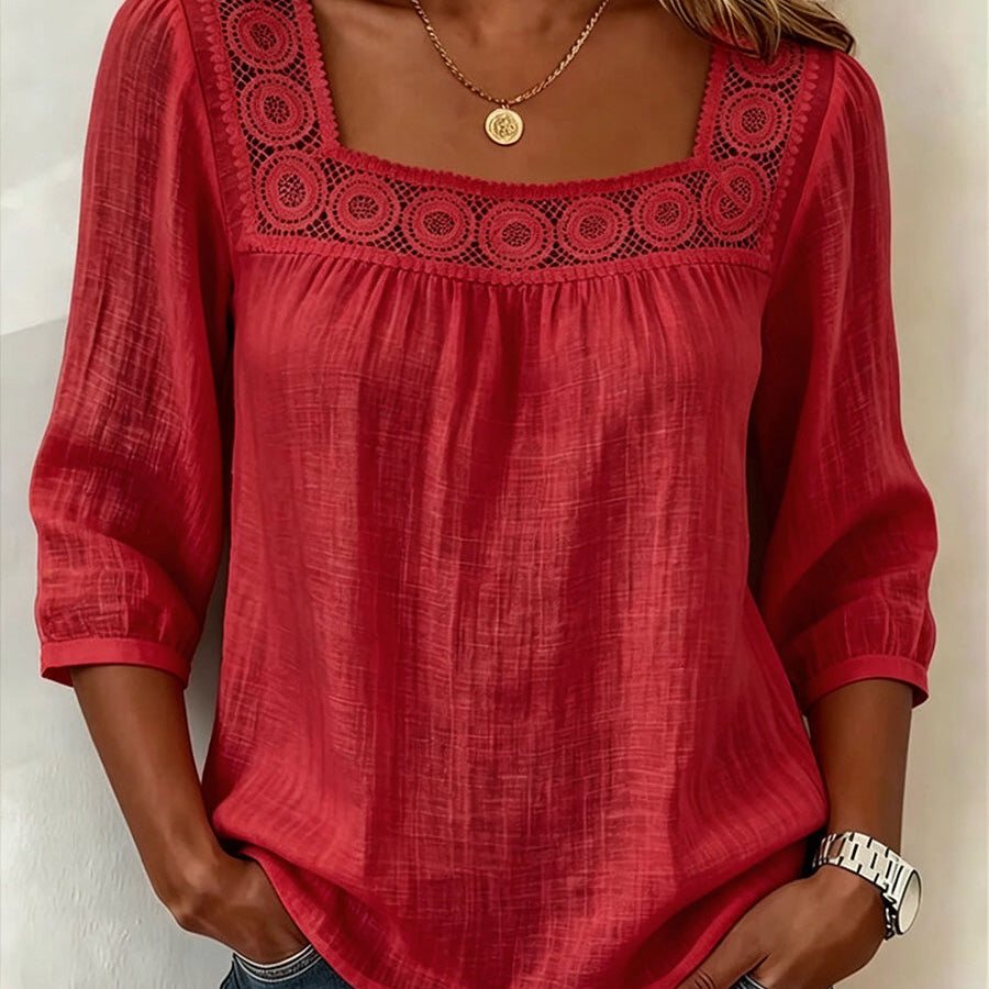 Elegant Square-Neck Cotton-Linen Lace Top