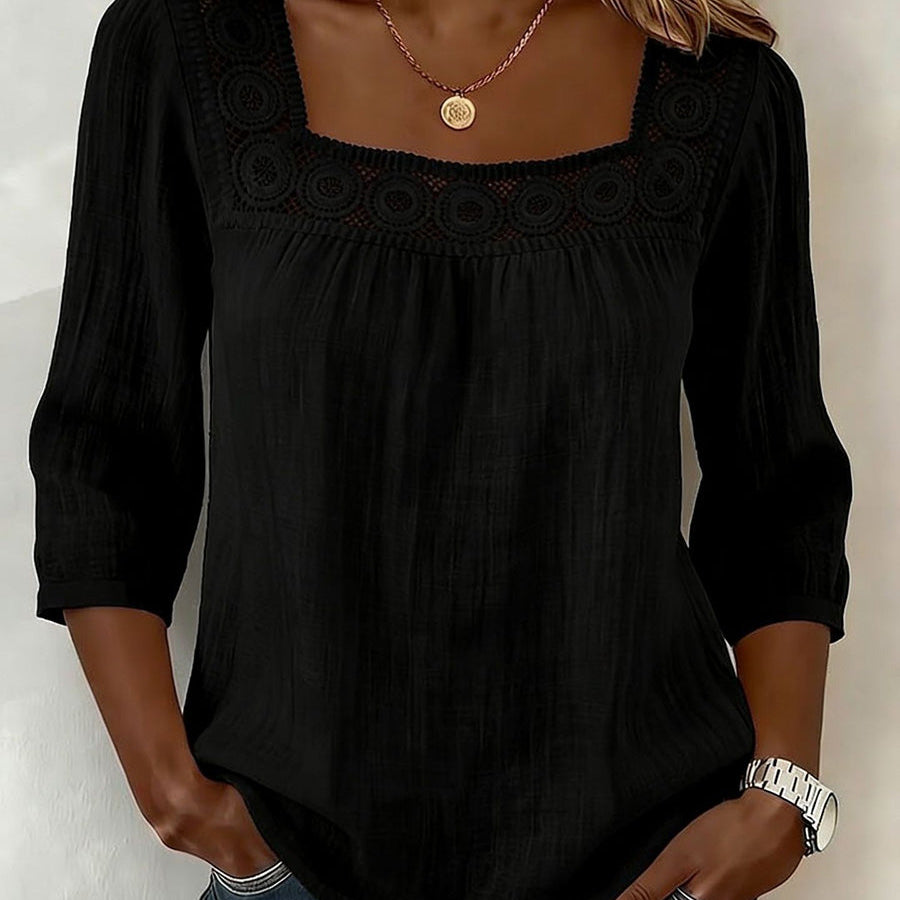 Elegant Square-Neck Cotton-Linen Lace Top