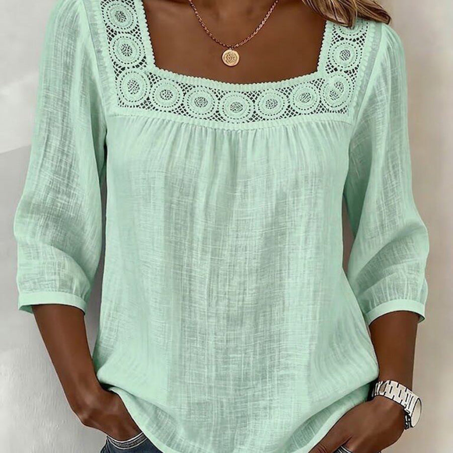 Elegant Square-Neck Cotton-Linen Lace Top
