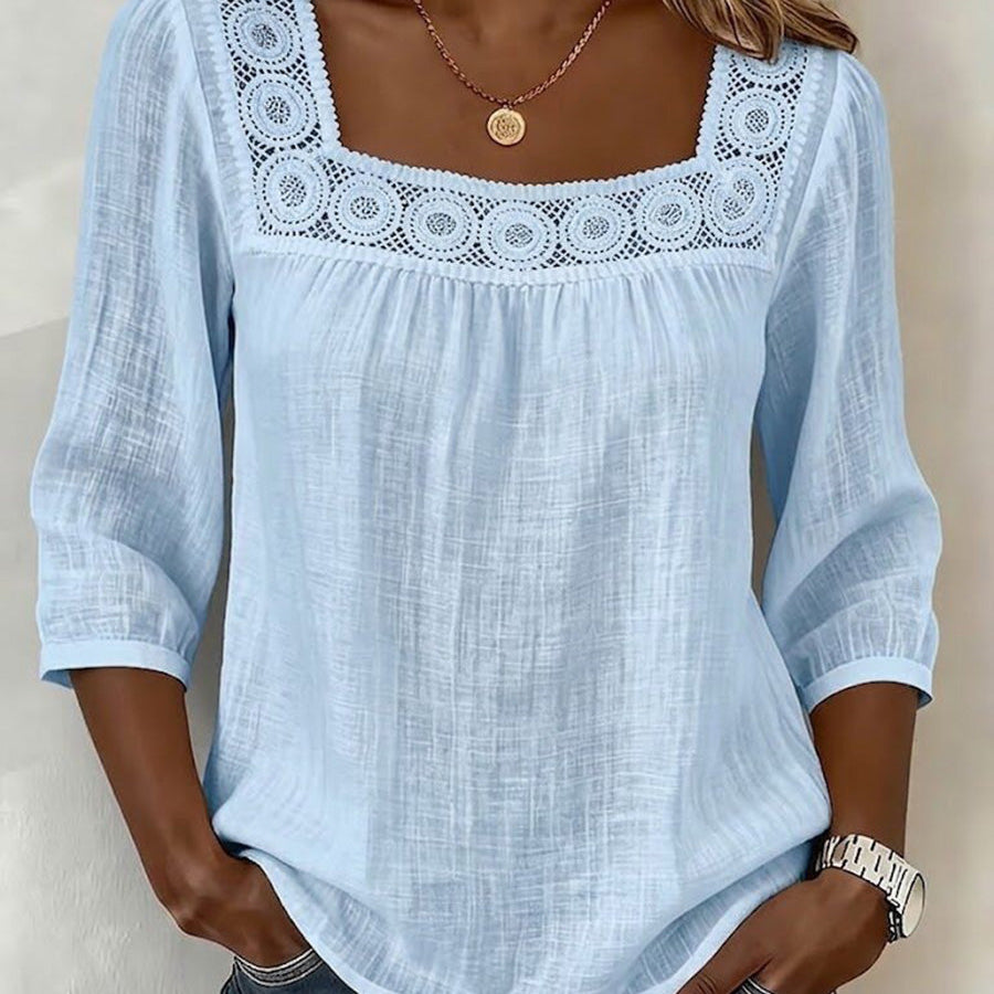 Elegant Square-Neck Cotton-Linen Lace Top