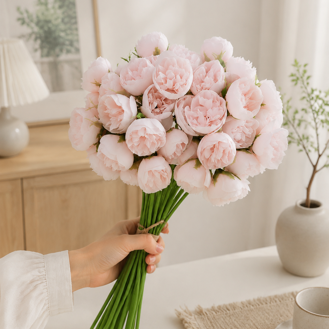 Luxury Blush Peony Faux Floral Arrangement with Goblet Vase
