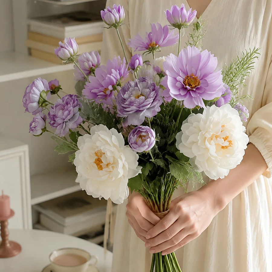 Real Touch White Peony Lavender Garden Bouquet