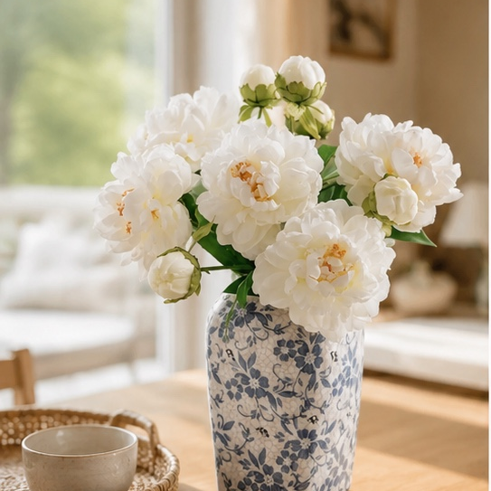 White Peony Bouquet with Blue and White Porcelain Vase