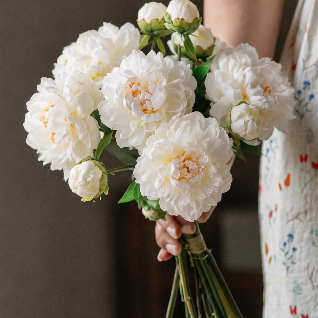 White Peony Bouquet with Blue and White Porcelain Vase