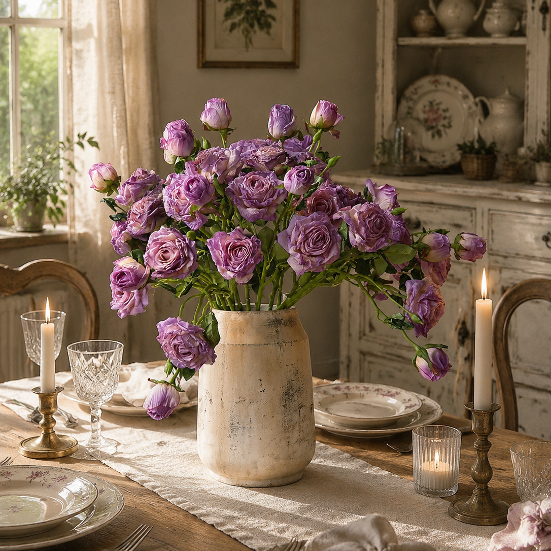 French Antique Purple Edge Rose Faux Floral Arrangement
