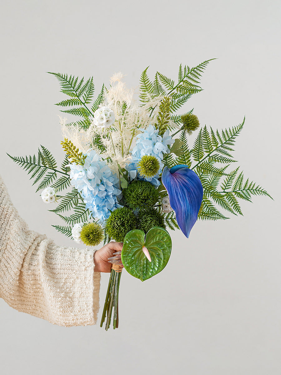 Blue Delphinium & Anthurium Faux Floral Arrangement details
