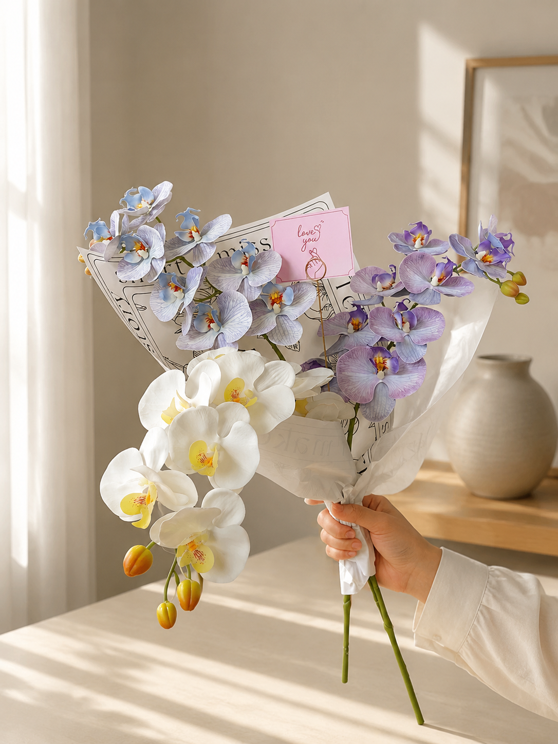 Blue, White & Purple Phalaenopsis Orchid Faux Floral Vase Set