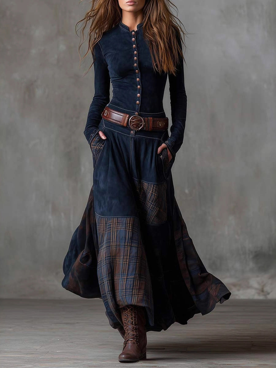 Button-Front Suede Patchwork Maxi Dress
