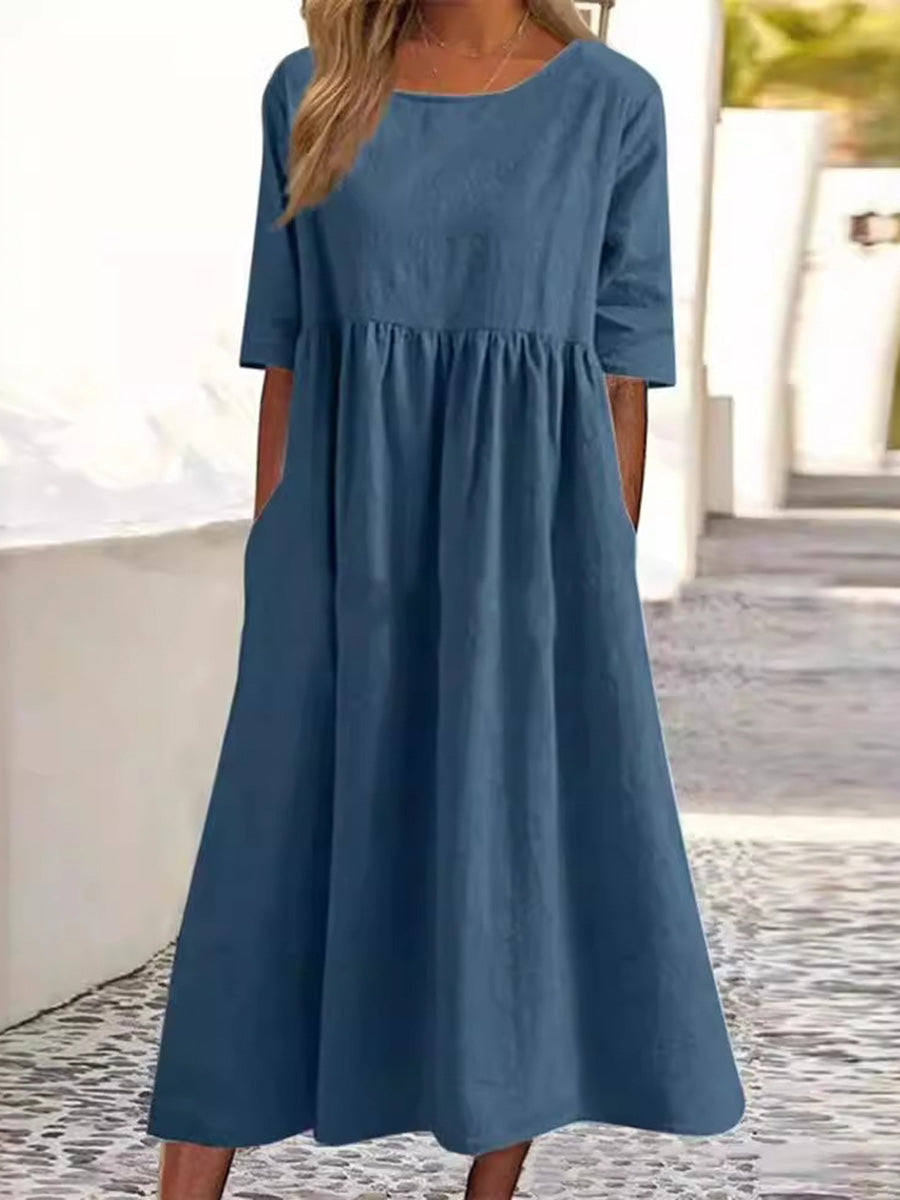 Casual Chic Cotton-Linen Pocket Midi Dress