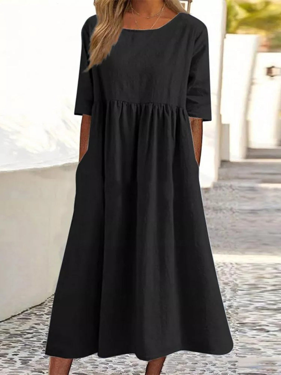 Casual Chic Cotton-Linen Pocket Midi Dress
