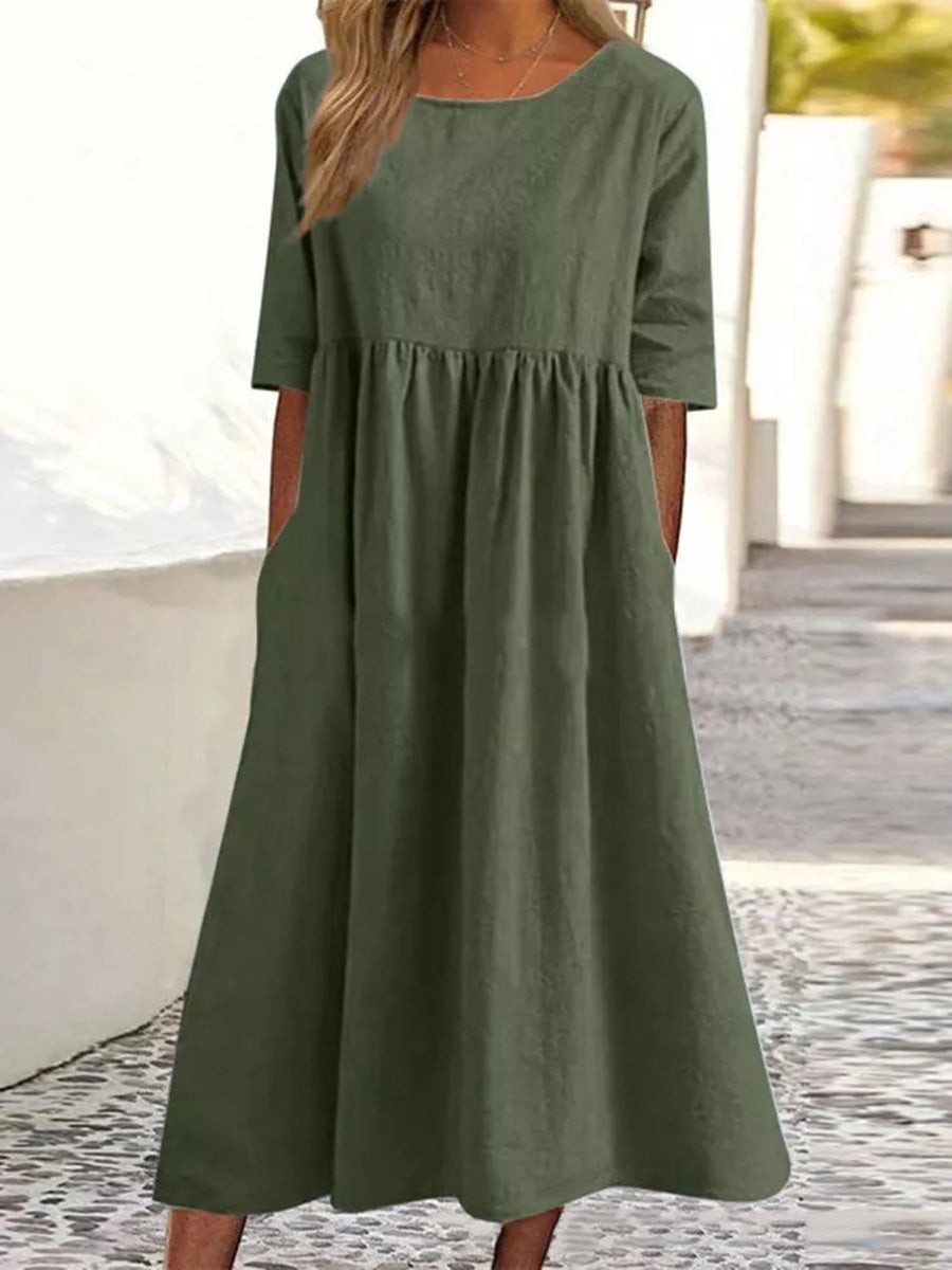 Casual Chic Cotton-Linen Pocket Midi Dress