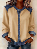 Casual Color-Blocked Patchwork Button-Up Top