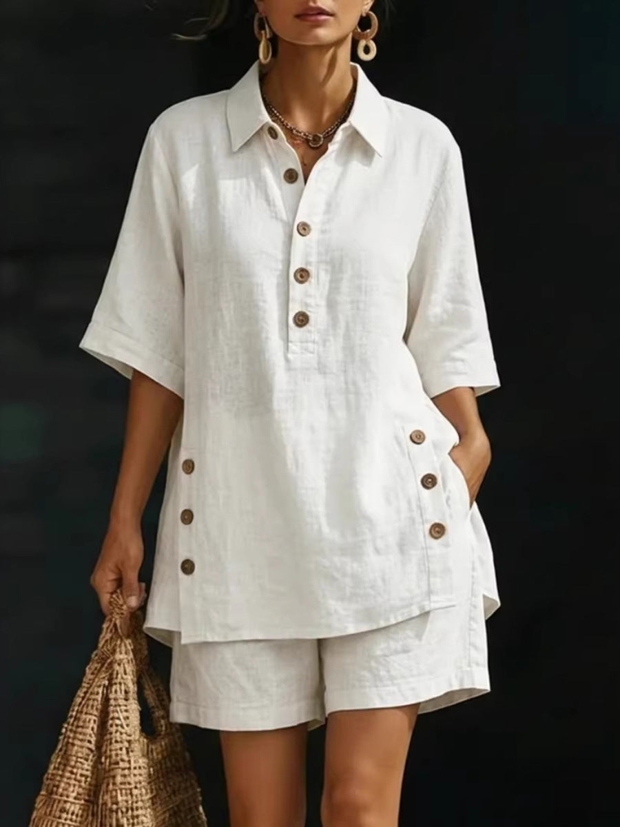 Casual Cotton Linen Shirt & Shorts Two-Piece Set