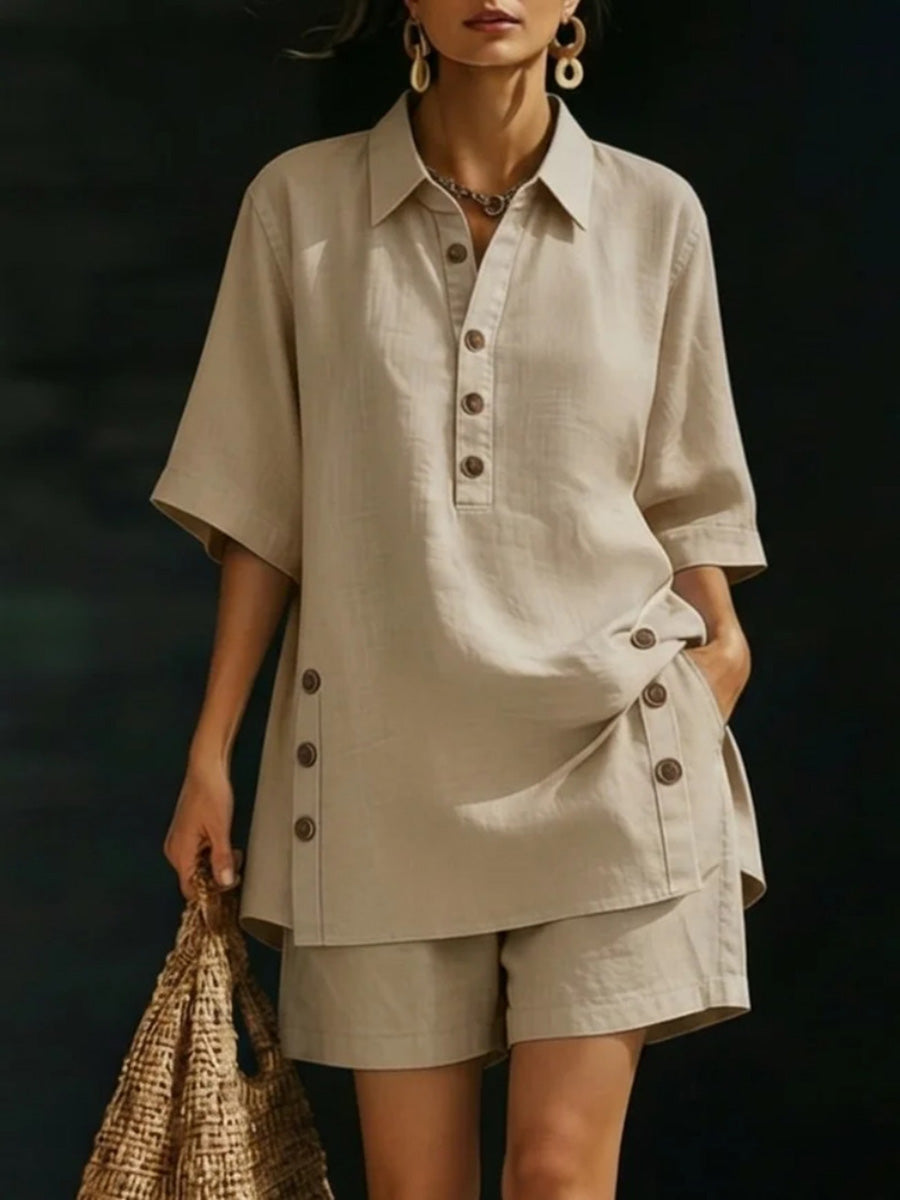 Casual Cotton Linen Shirt & Shorts Two-Piece Set