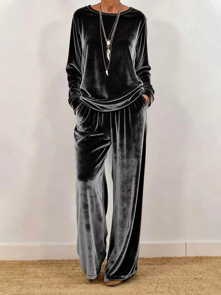 Casual Crew Neck Long Sleeve Velvet Set