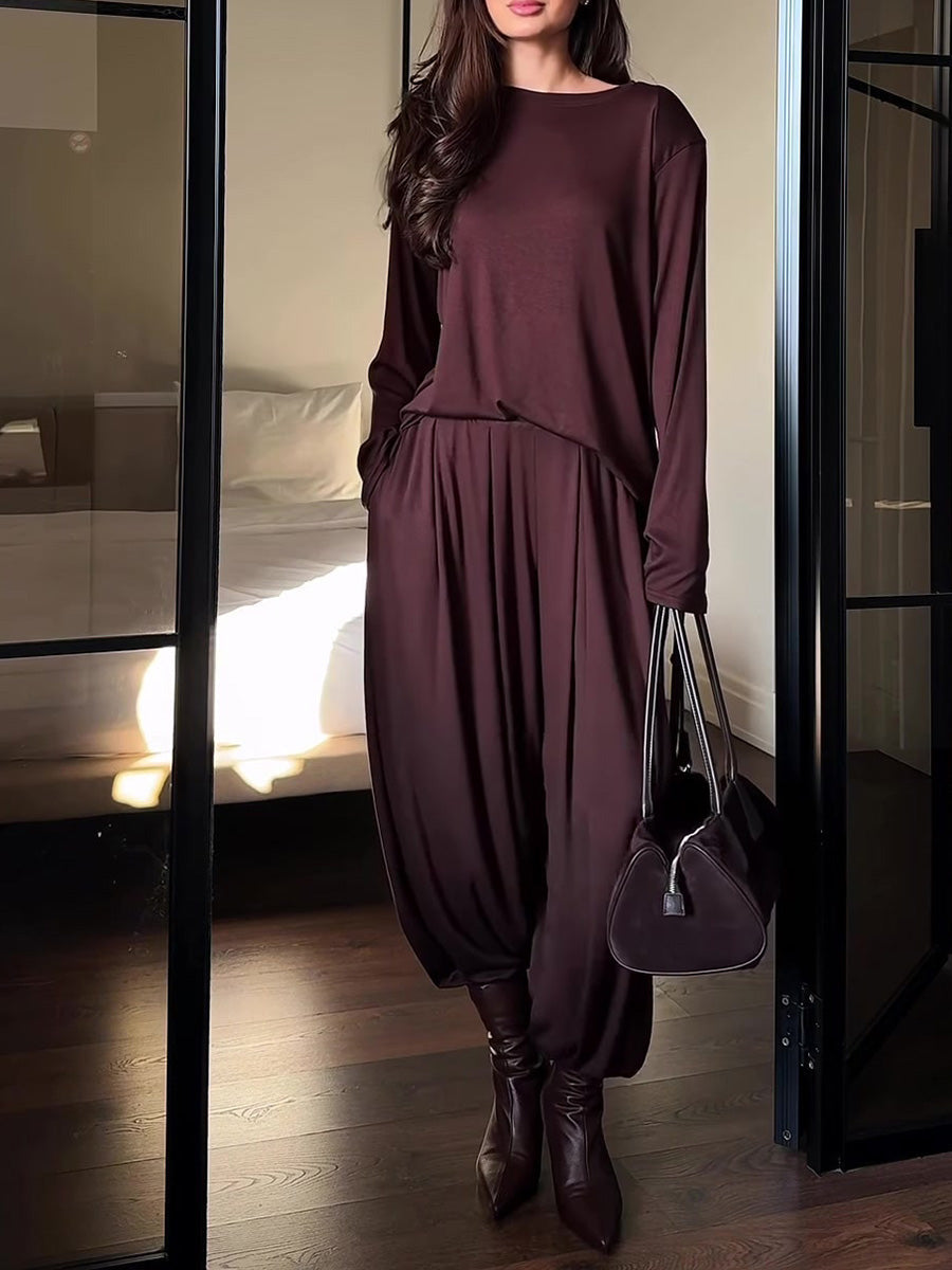 Casual Crew Neck Top & Wide-Leg Pants Set