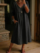 Casual Linen Cotton V-Neck Lace Trim Dress