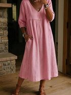 Casual Linen Cotton V-Neck Lace Trim Dress