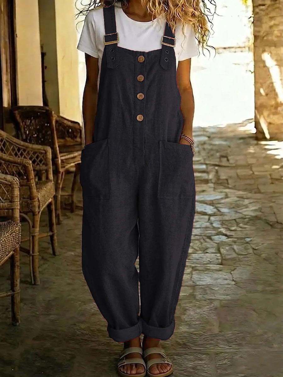 Causal Solid-Color Cotton-Linen Jumpsuit