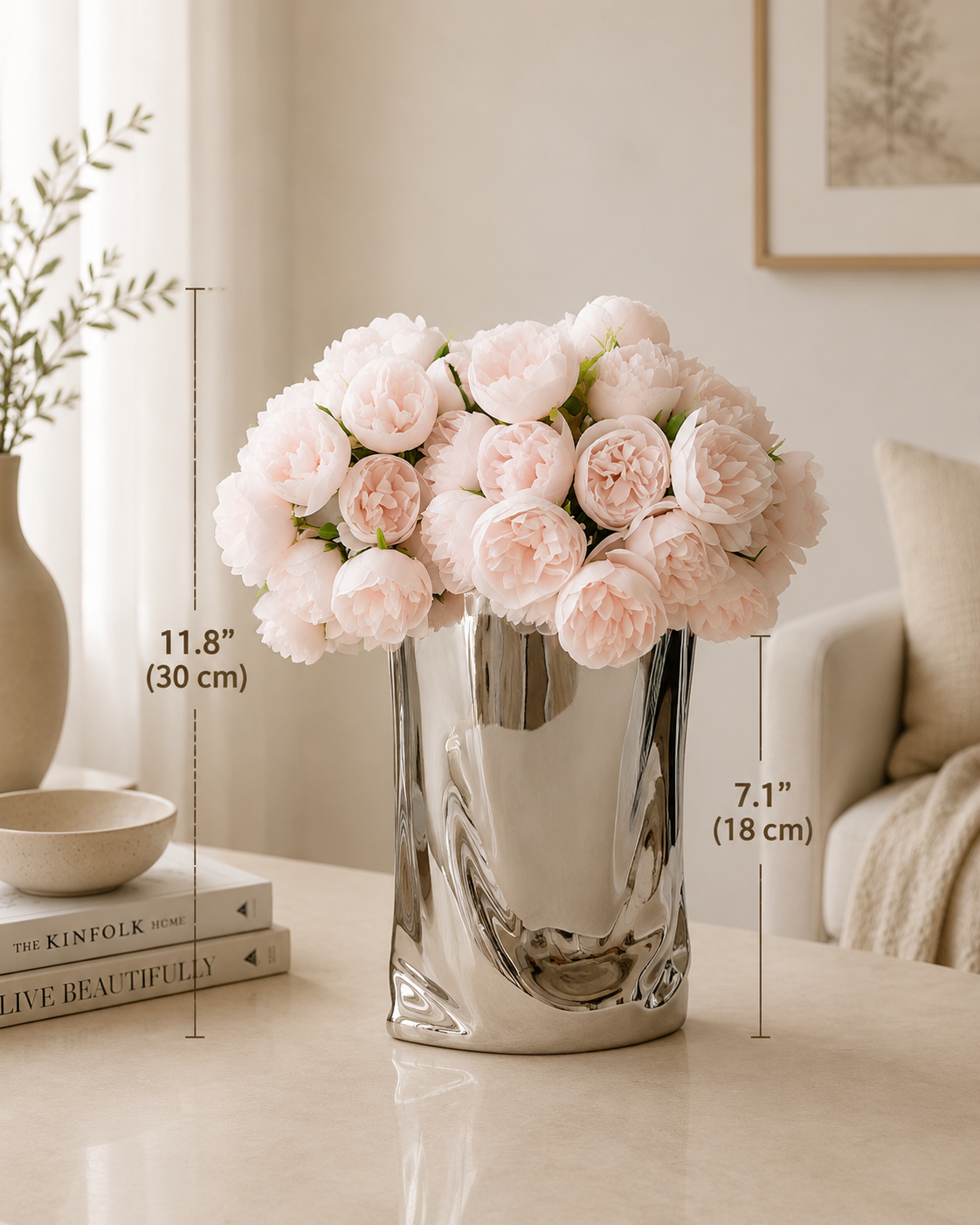 Champagne Peony Faux Floral Vase Set details