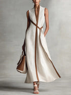 Chic Cotton Linen Color Block Tie Maxi Dress