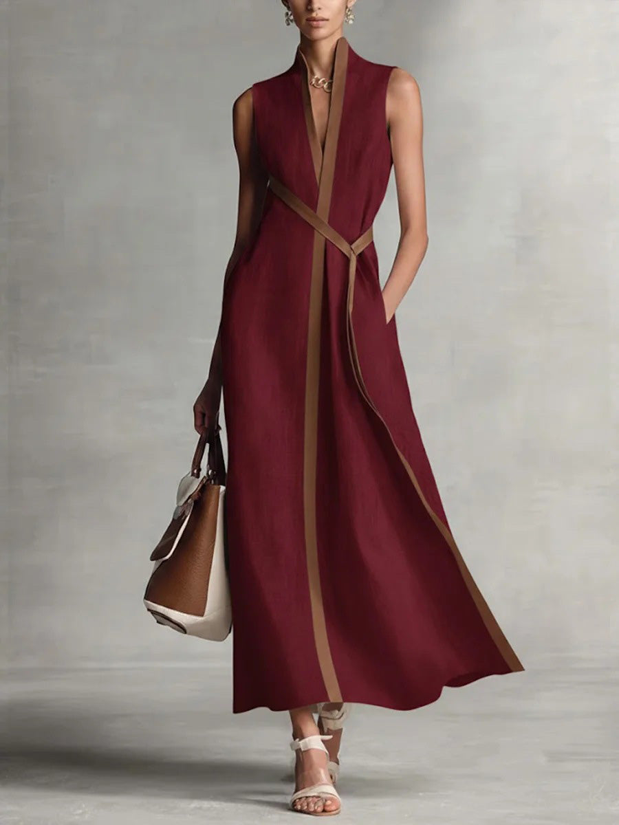 Chic Cotton Linen Color Block Tie Maxi Dress