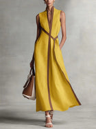 Chic Cotton Linen Color Block Tie Maxi Dress