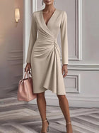 Chic V-Neck Waist-Defined Long-Sleeve Dress