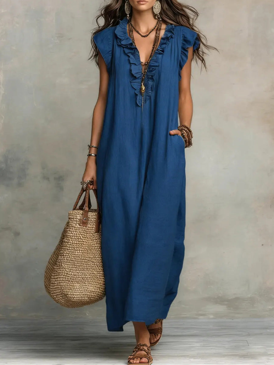 Comfort Ruffle Neck Short Sleeve Maxi Dress