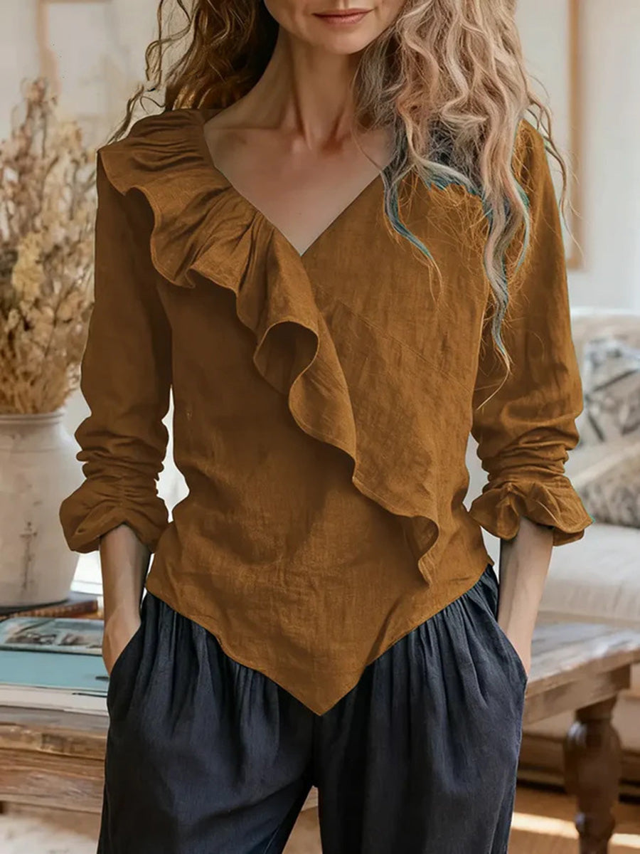 Cotton Linen V-Neck Ruffle Long Sleeve Top