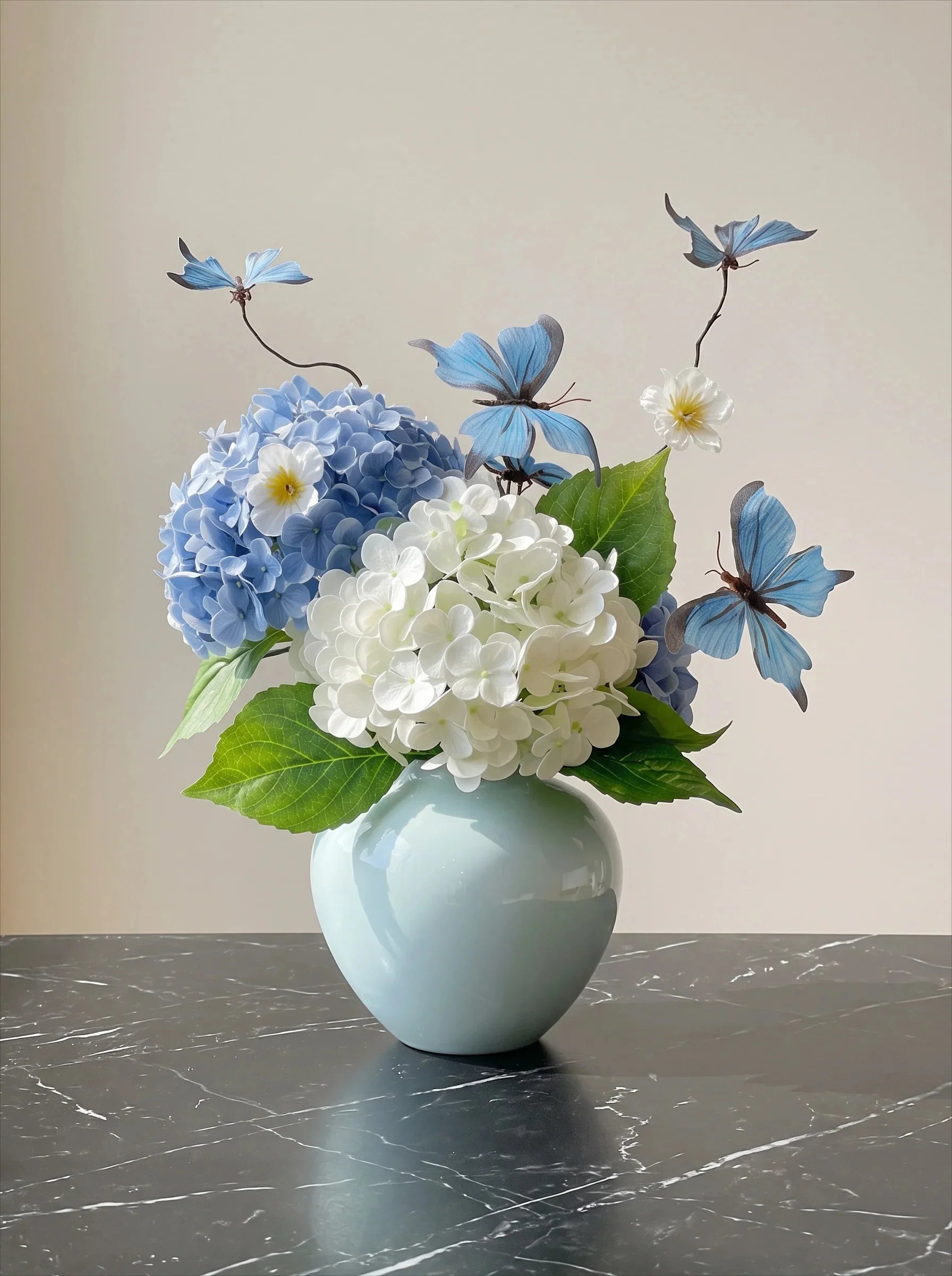 Dreamy Blue Butterfly Hydrangea Faux Floral Arrangement