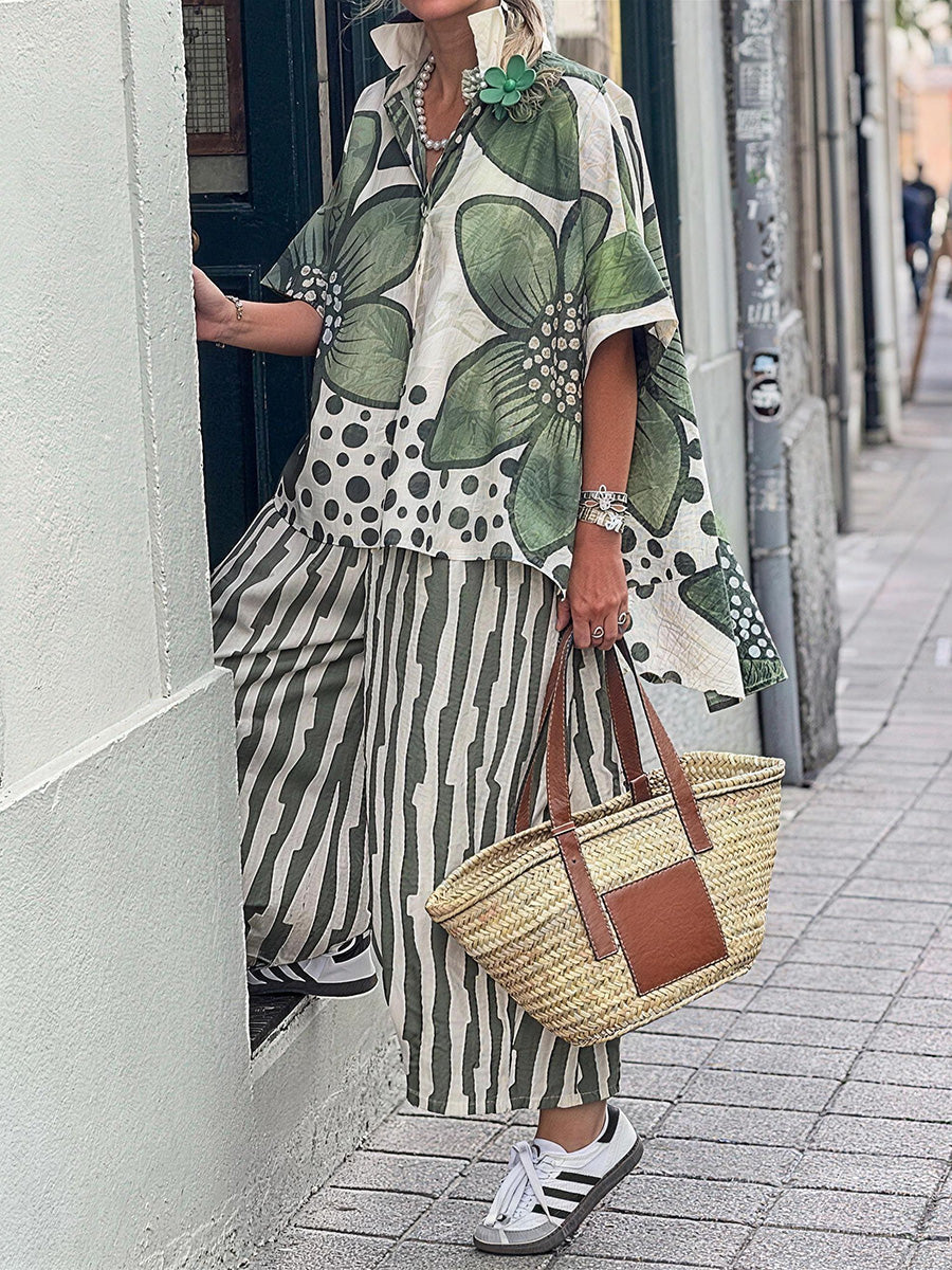 Effortless Chic Floral Top & Striped Pants Set