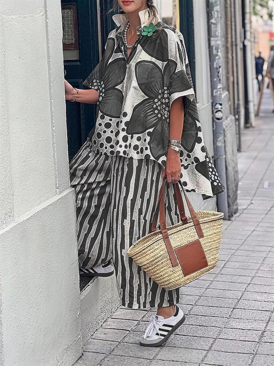 Effortless Chic Floral Top & Striped Pants Set