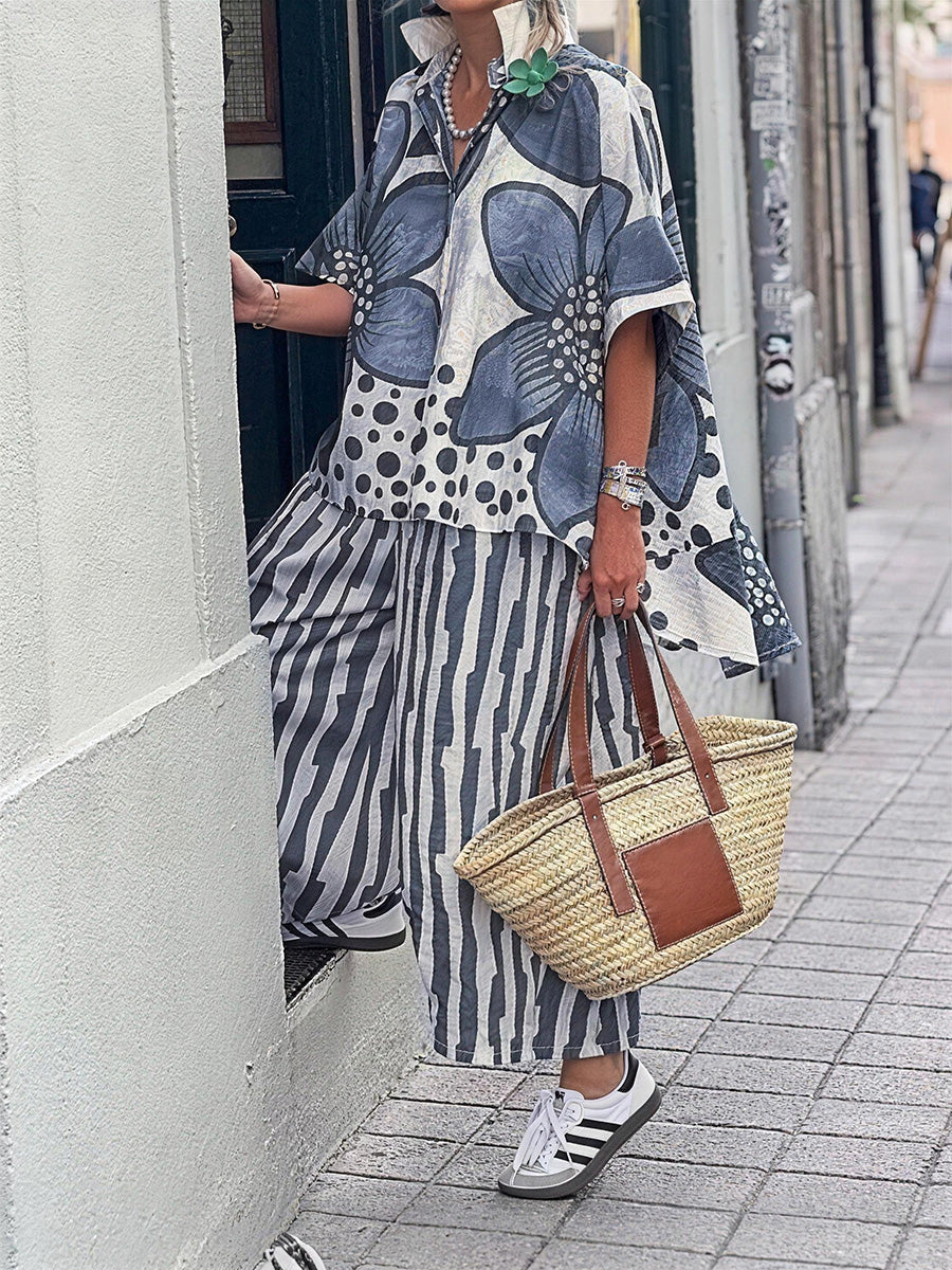 Effortless Chic Floral Top & Striped Pants Set