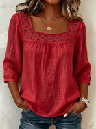 Elegant Square-Neck Cotton-Linen Lace Top