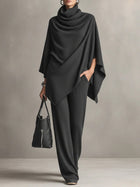 Elegant Cape-Style Top & Wide-Leg Pants Two-Piece Set