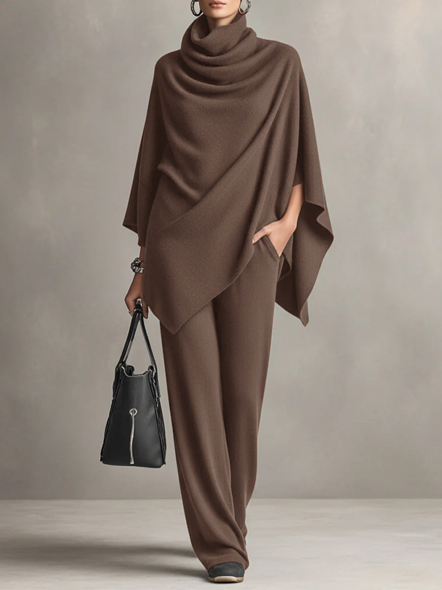 Elegant Cape-Style Top & Wide-Leg Pants Two-Piece Set