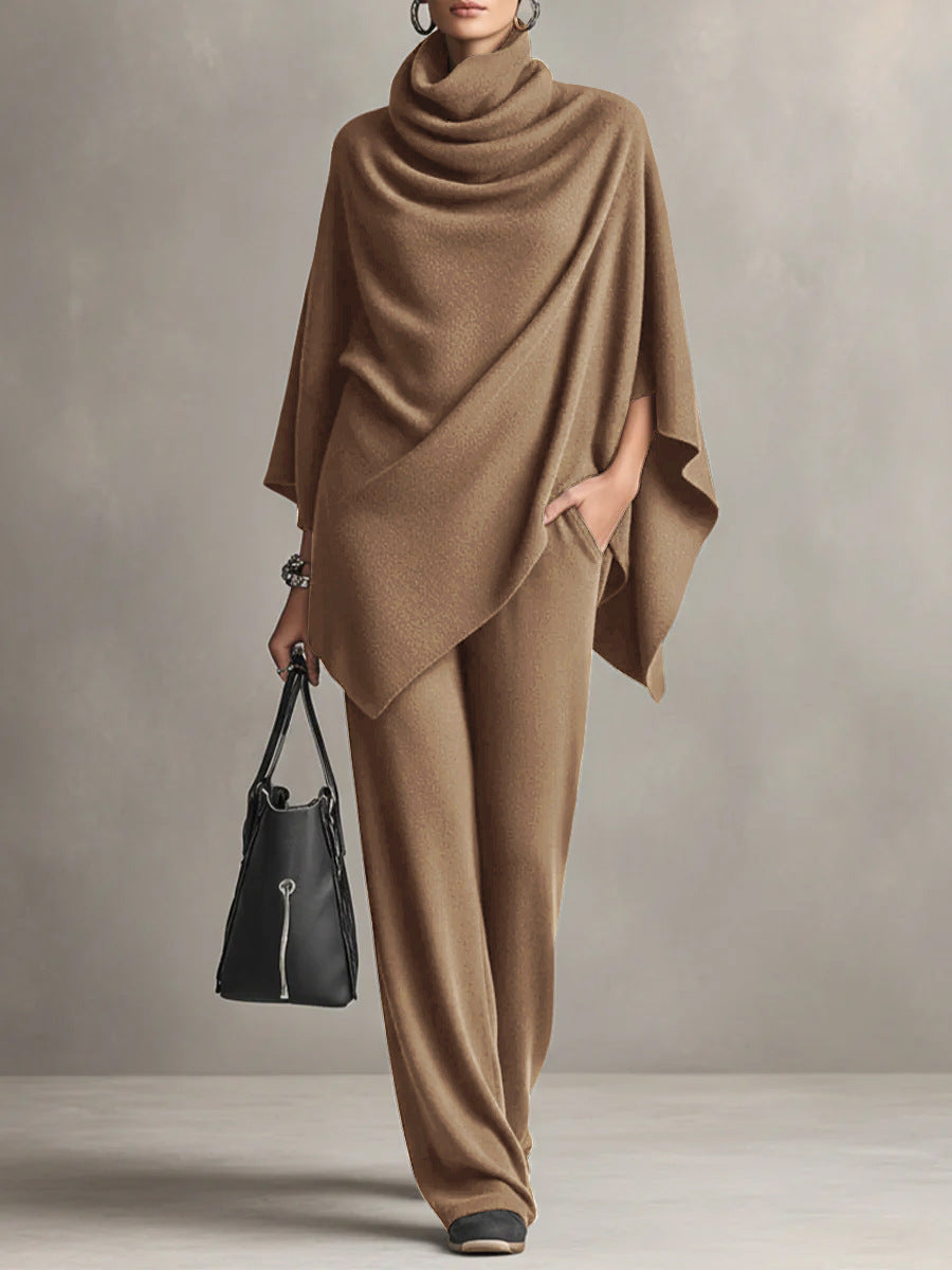 Elegant Cape-Style Top & Wide-Leg Pants Two-Piece Set
