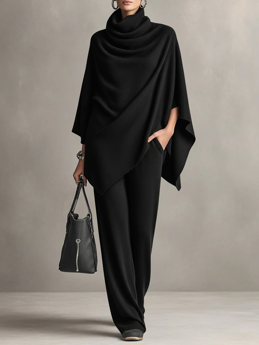 Elegant Cape-Style Top & Wide-Leg Pants Two-Piece Set